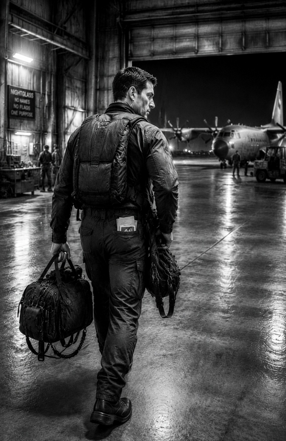 A soldier walks through a dim hangar toward a waiting transport aircraft — Operation Nightglass artwork